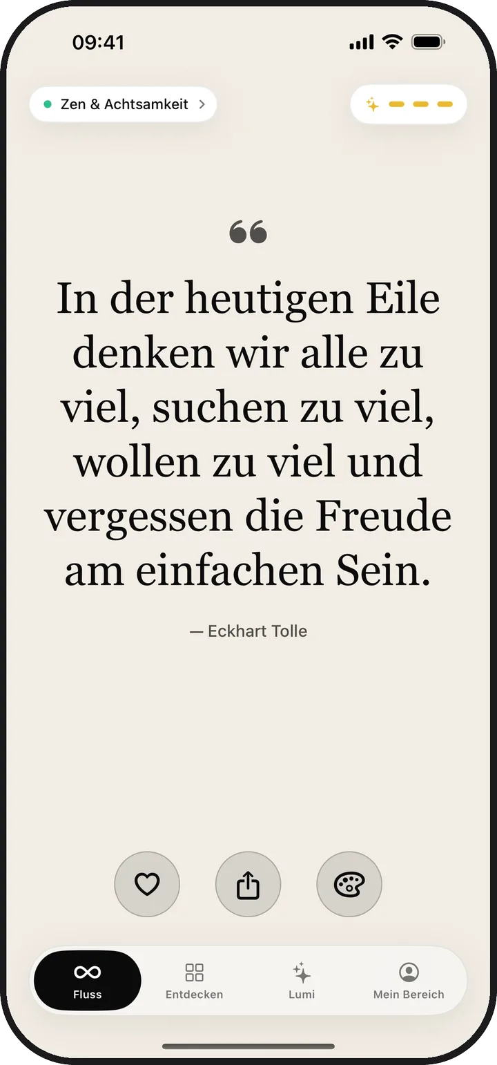 Der Bildschirm „Fluss“ in Lumina mit einer täglichen Affirmation