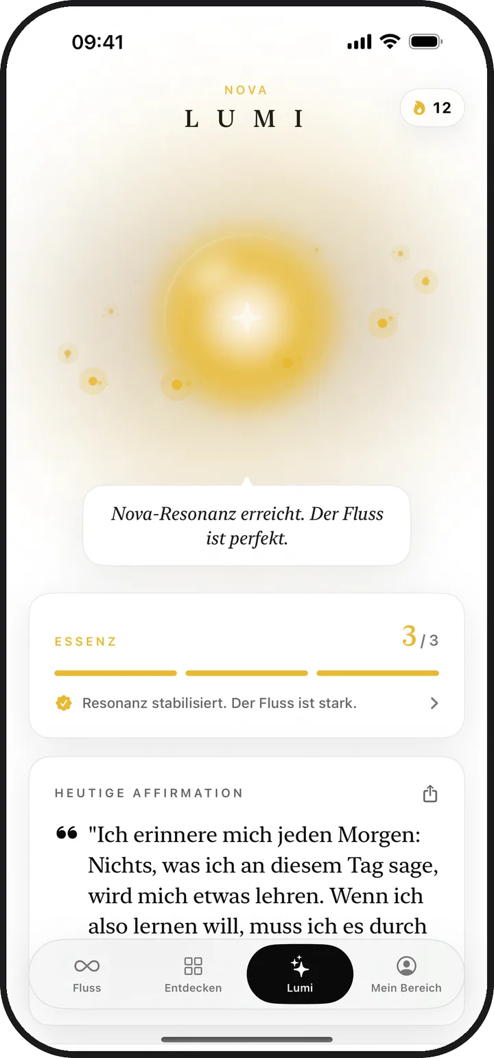 Der Lumi-Bildschirm in Lumina mit einem leuchtenden Licht und der heutigen Essenz