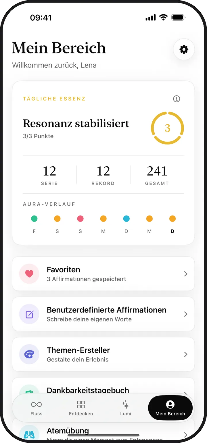 Der Bildschirm „Mein Bereich“ in Lumina mit täglicher Essenz, Serie und gespeicherten Inhalten