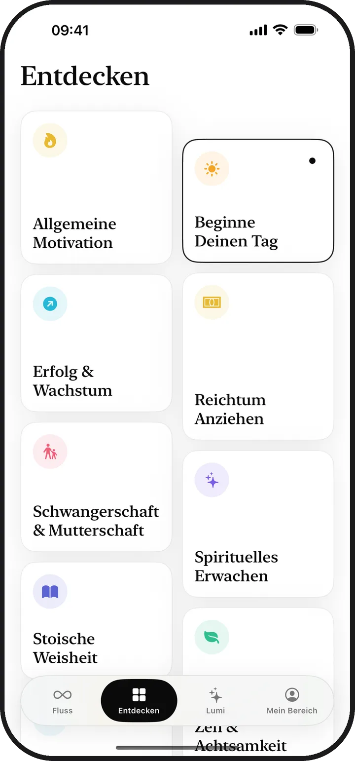 Der Bildschirm „Entdecken“ in Lumina mit dreizehn Affirmationskategorien