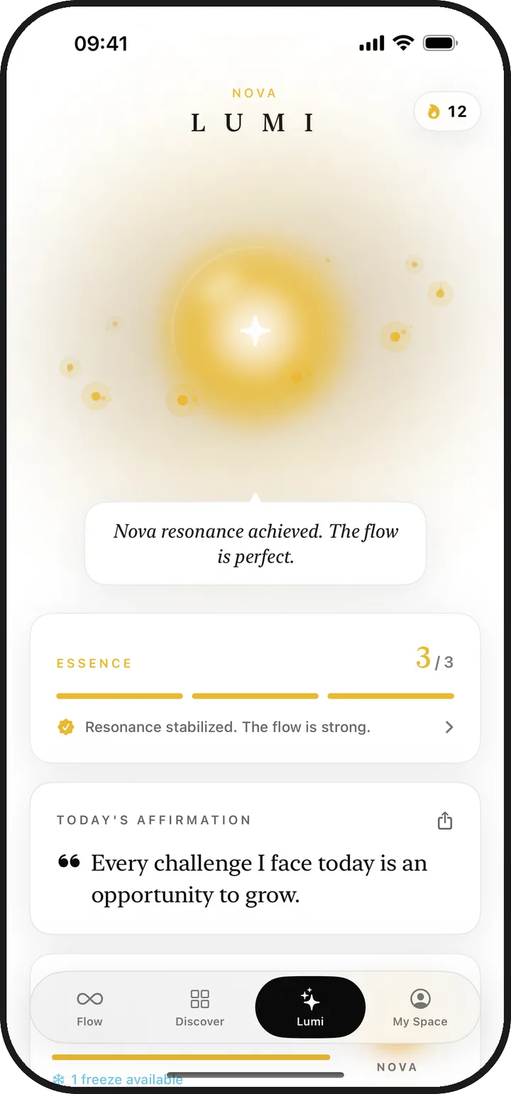 The Lumi screen in Lumina showing a glowing light and today's essence