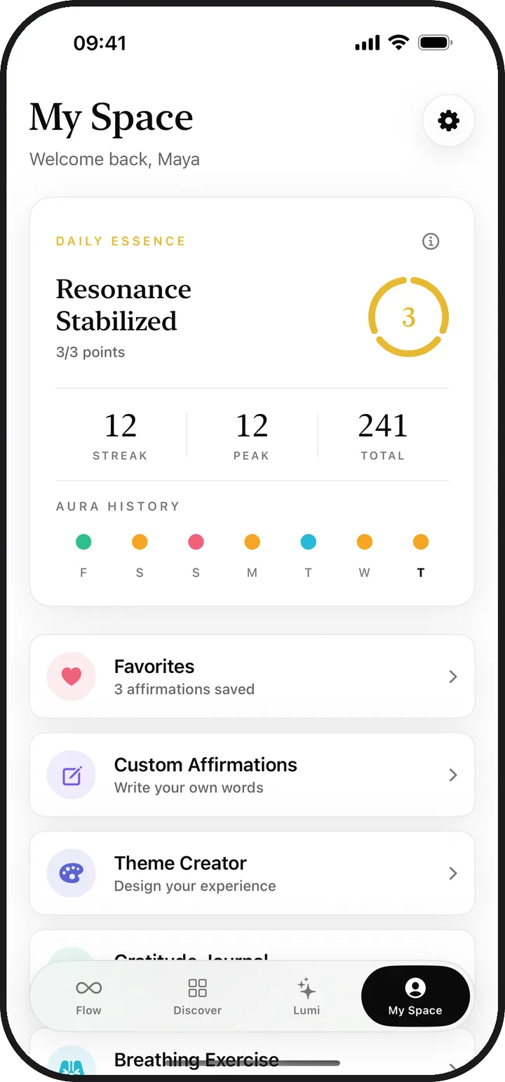 The My Space screen in Lumina showing daily essence, streak and saved items