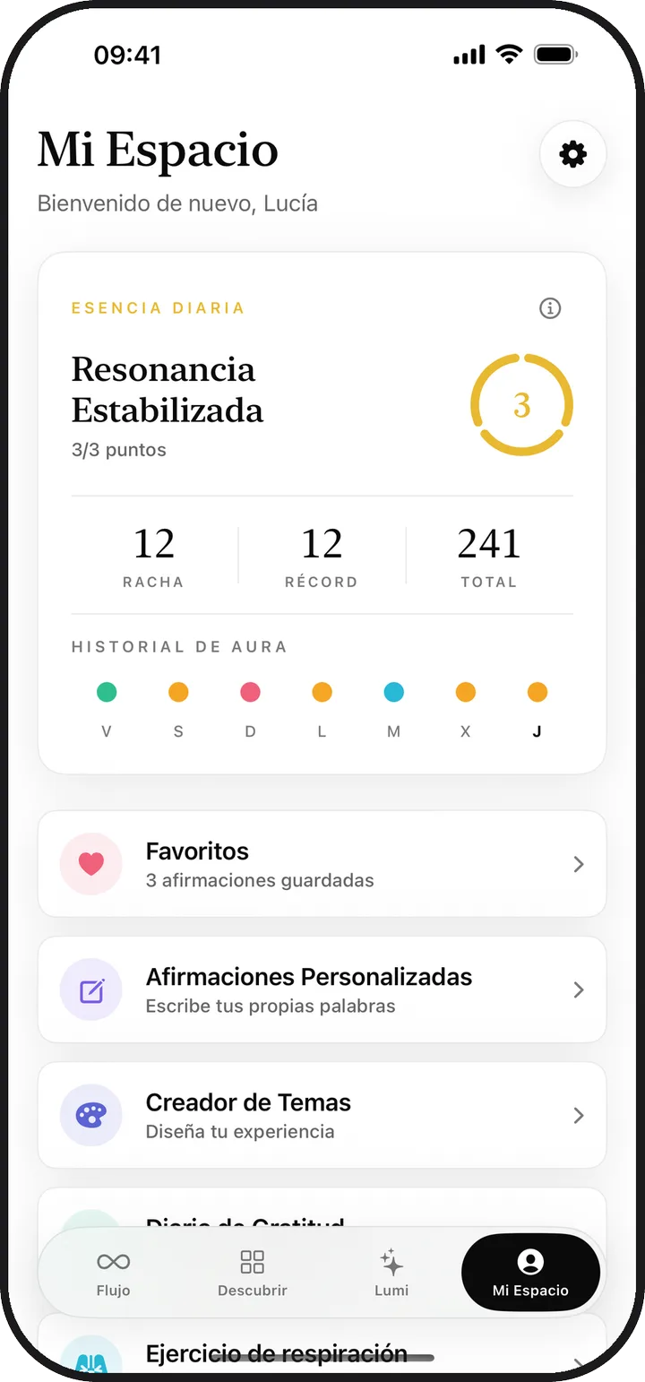 La pantalla Mi Espacio de Lumina con la esencia diaria, la racha y los elementos guardados