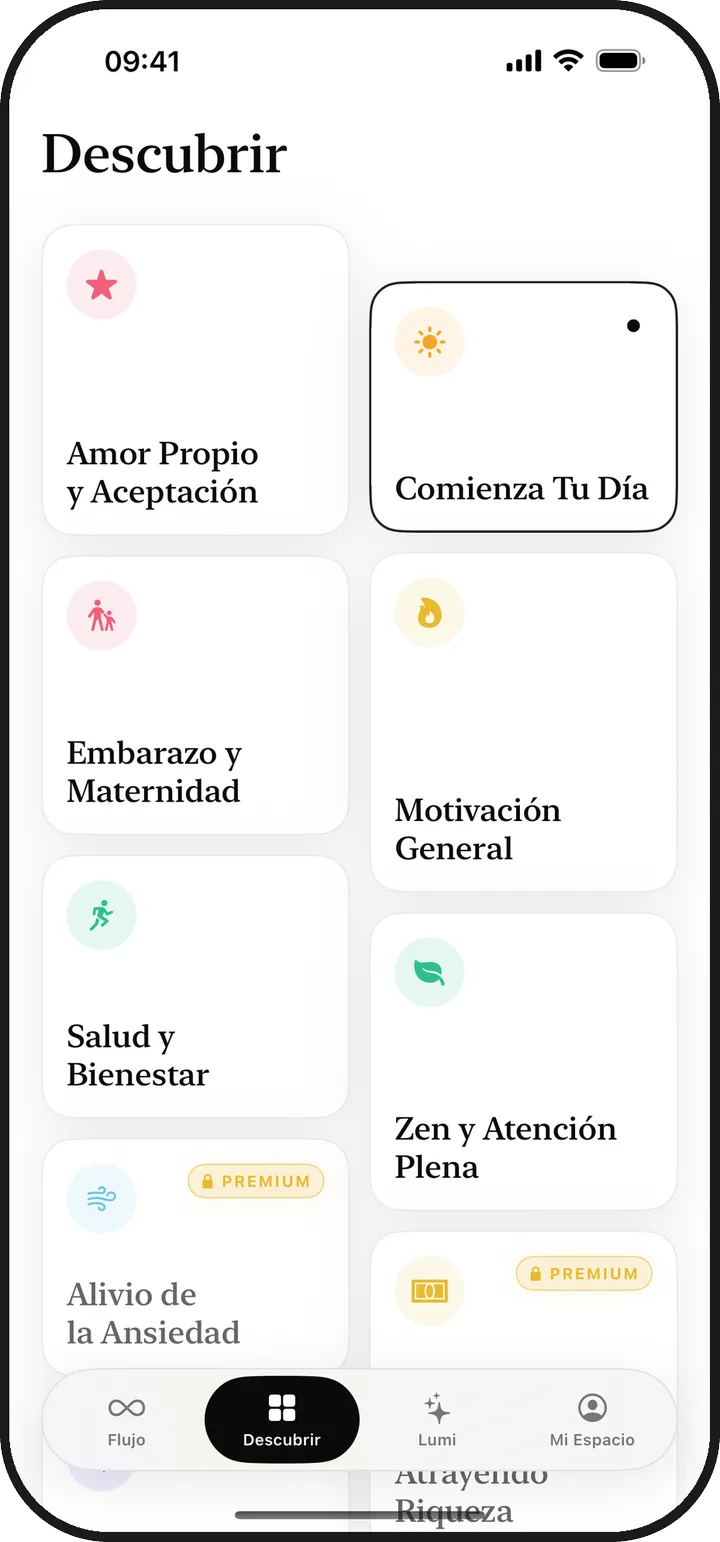 La pantalla Descubrir de Lumina con trece categorías de afirmaciones