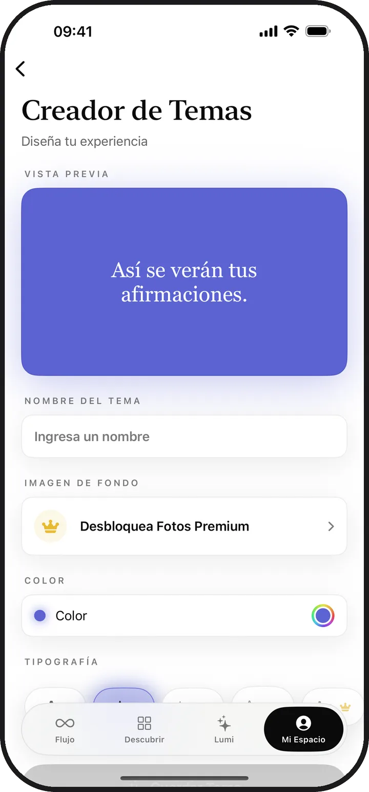 El Creador de Temas de Lumina con la vista previa de un tema personalizado