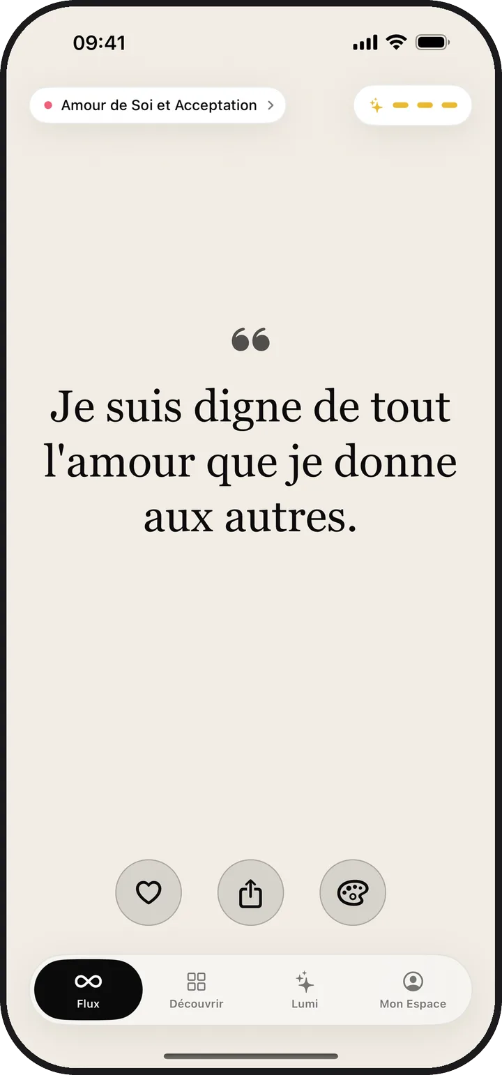 L'écran Flux de Lumina affichant une affirmation du jour