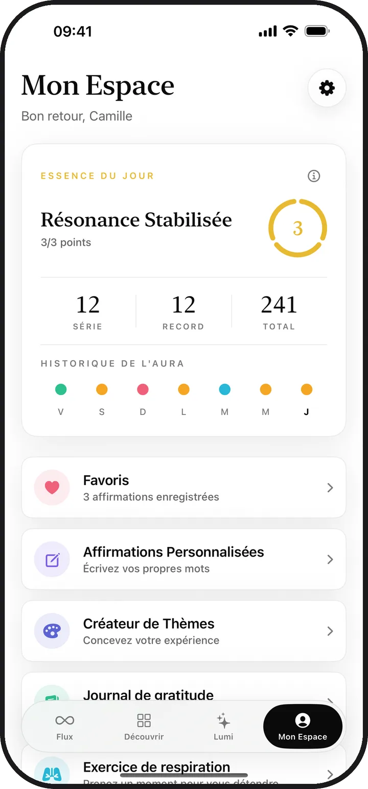 L'écran Mon Espace de Lumina avec l'essence du jour, la série et les éléments enregistrés