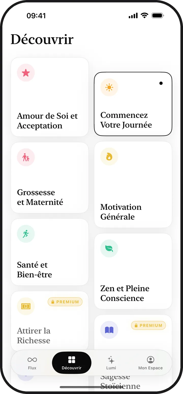 L'écran Découvrir de Lumina avec treize catégories d'affirmations