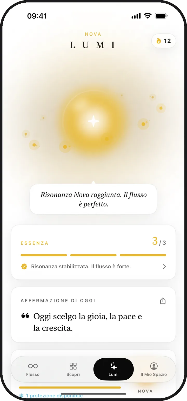 La schermata Lumi di Lumina con una luce splendente e l'essenza di oggi