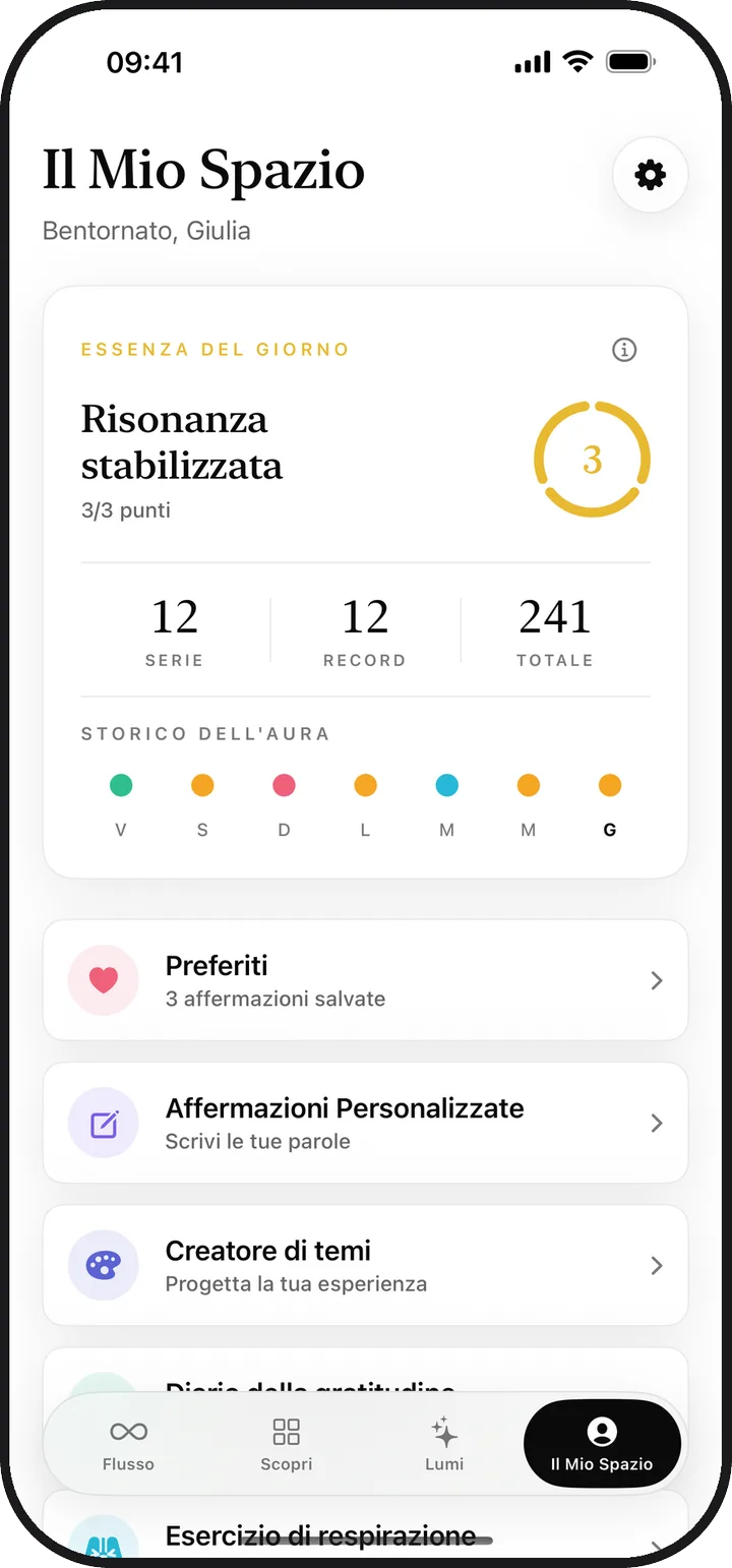 La schermata Il Mio Spazio di Lumina con l'essenza del giorno, la serie e gli elementi salvati