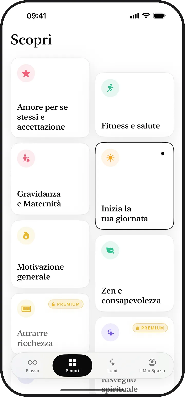 La schermata Scopri di Lumina con tredici categorie di affermazioni