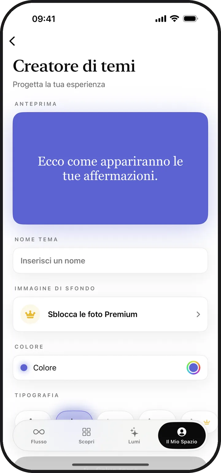 Il Creatore di temi di Lumina con l'anteprima di un tema personalizzato