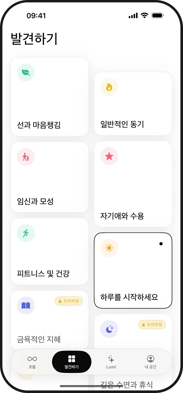13가지 확언 카테고리가 표시된 Lumina의 발견하기 화면