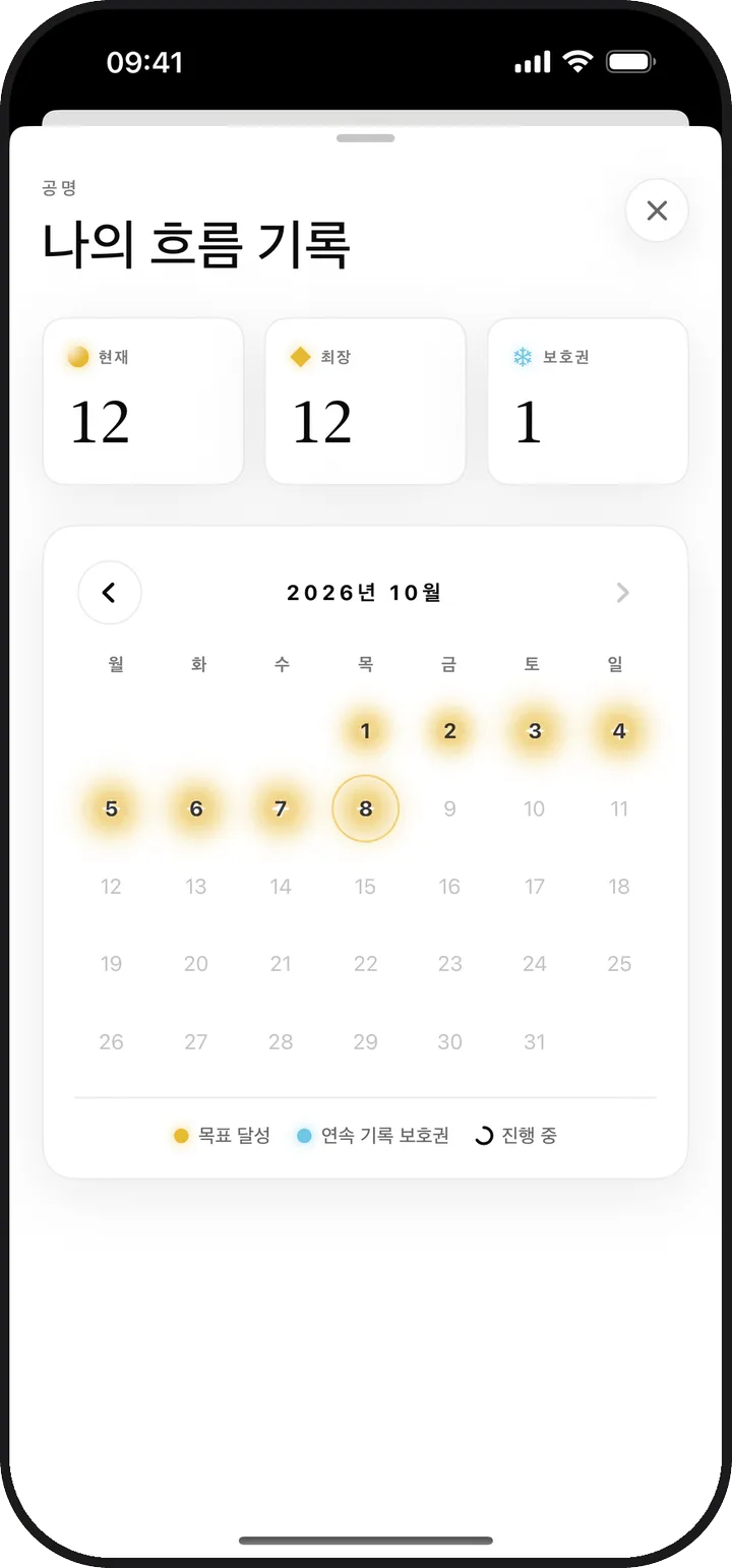 연속 기록이 표시된 Lumina의 흐름 기록 캘린더