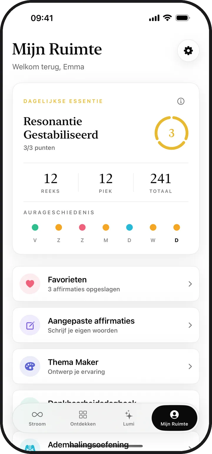 Het scherm Mijn Ruimte in Lumina met dagelijkse essentie, reeks en bewaarde items