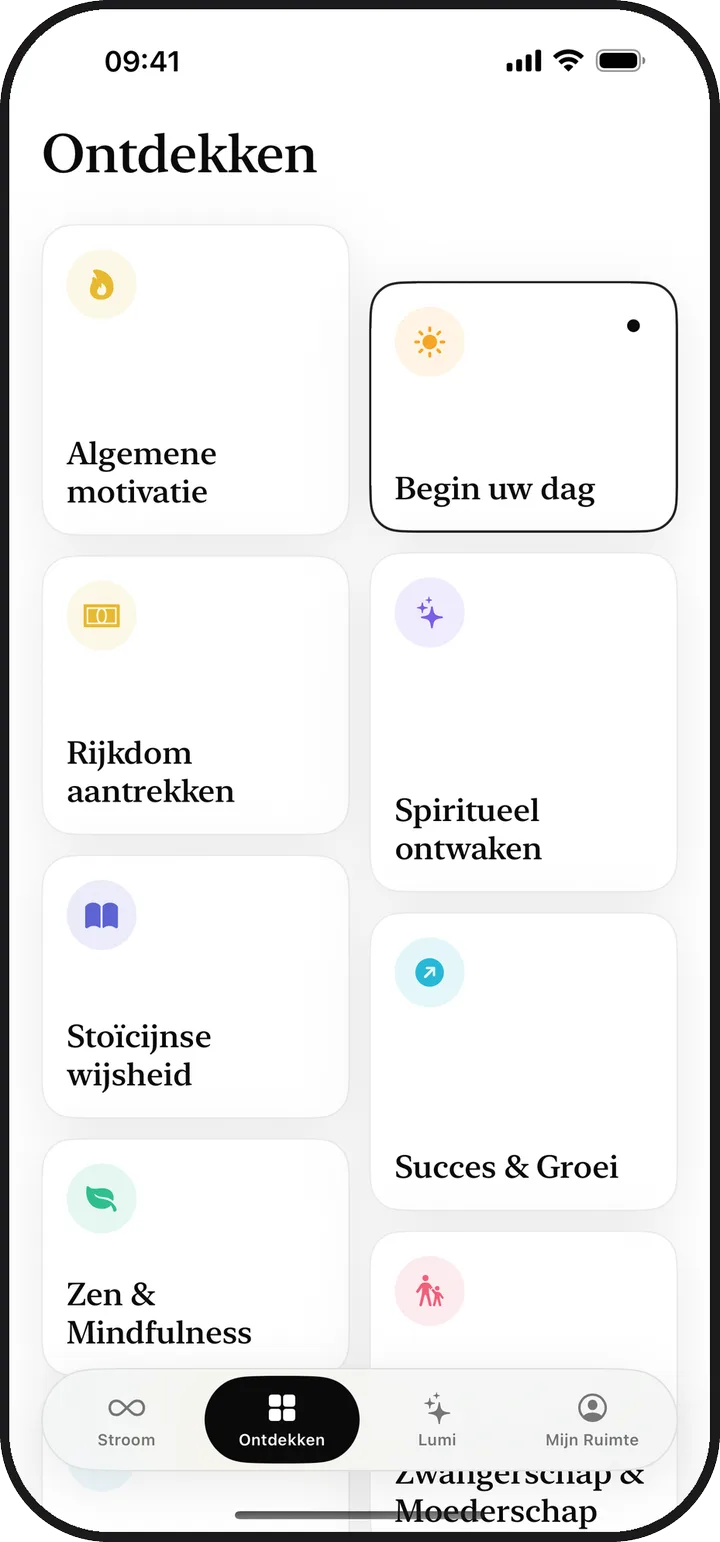 Het Ontdekken-scherm in Lumina met dertien categorieën affirmaties