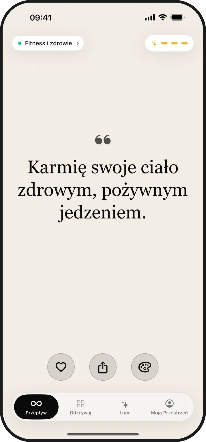 Ekran Przepływ w aplikacji Lumina z codzienną afirmacją