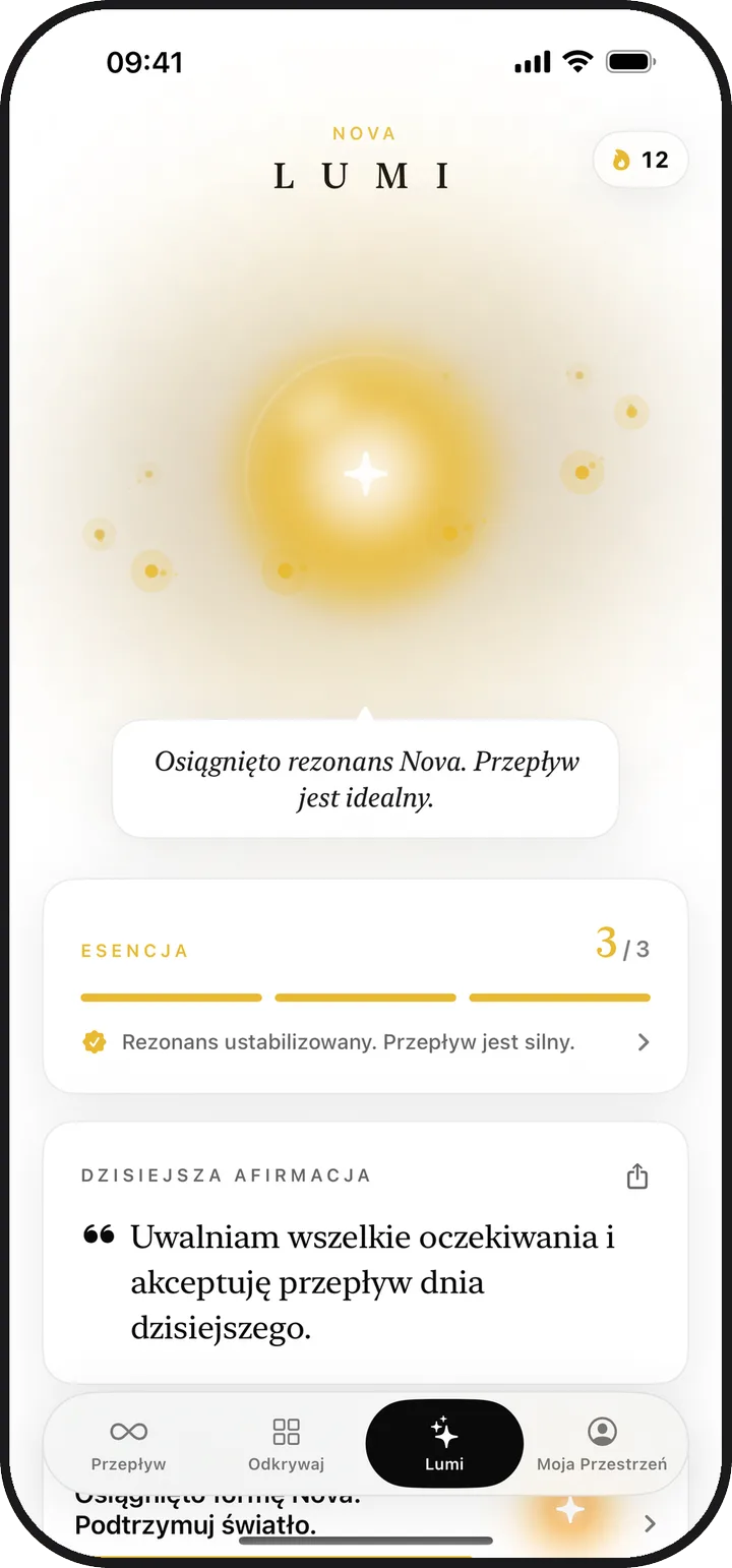 Ekran Lumi w aplikacji Lumina ze świecącym światłem i dzisiejszą esencją