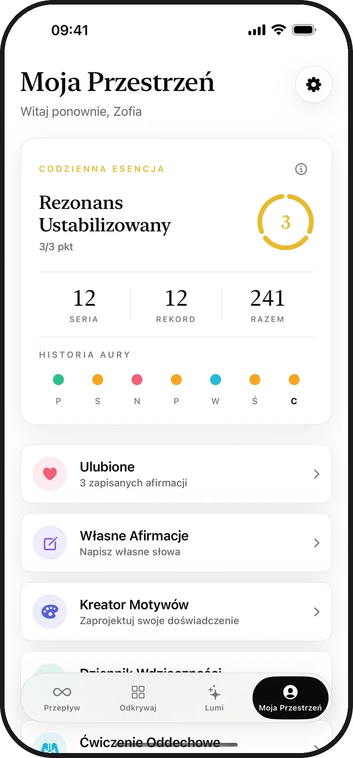 Ekran Moja Przestrzeń w aplikacji Lumina z codzienną esencją, serią i zapisanymi elementami