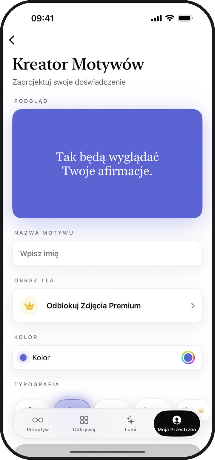 Kreator Motywów w aplikacji Lumina z podglądem własnego motywu
