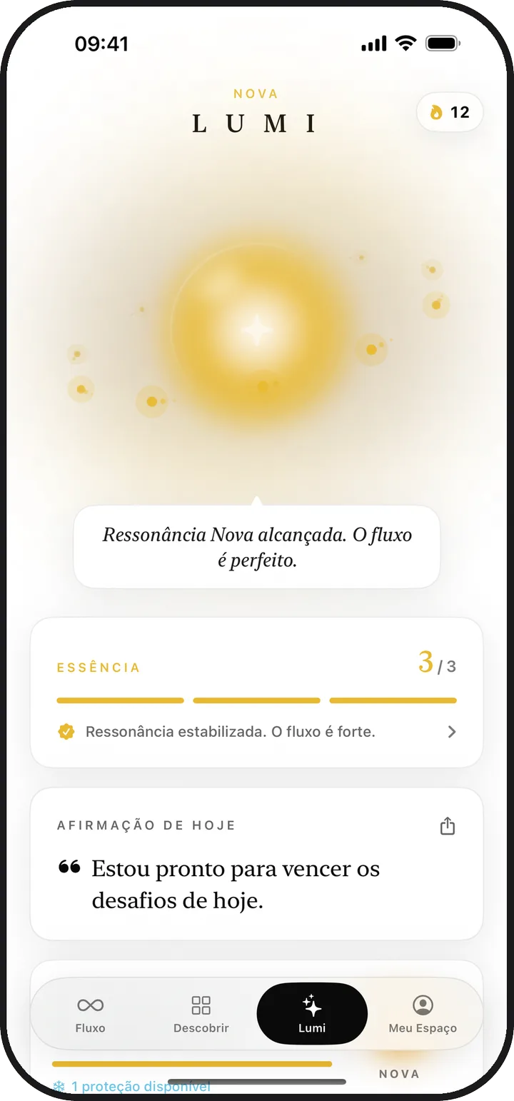 A tela Lumi do Lumina com uma luz brilhante e a essência de hoje