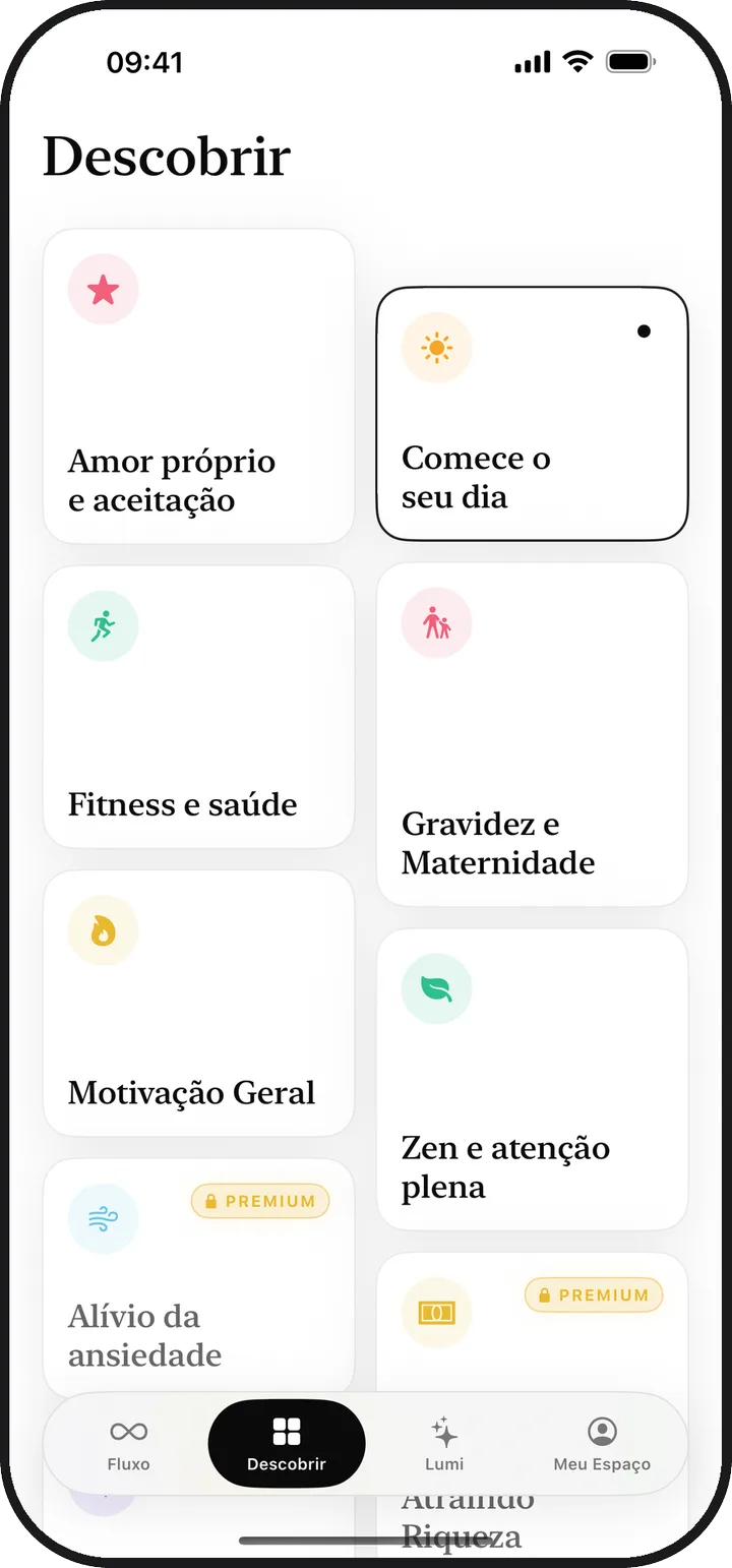 A tela Descobrir do Lumina mostrando treze categorias de afirmações