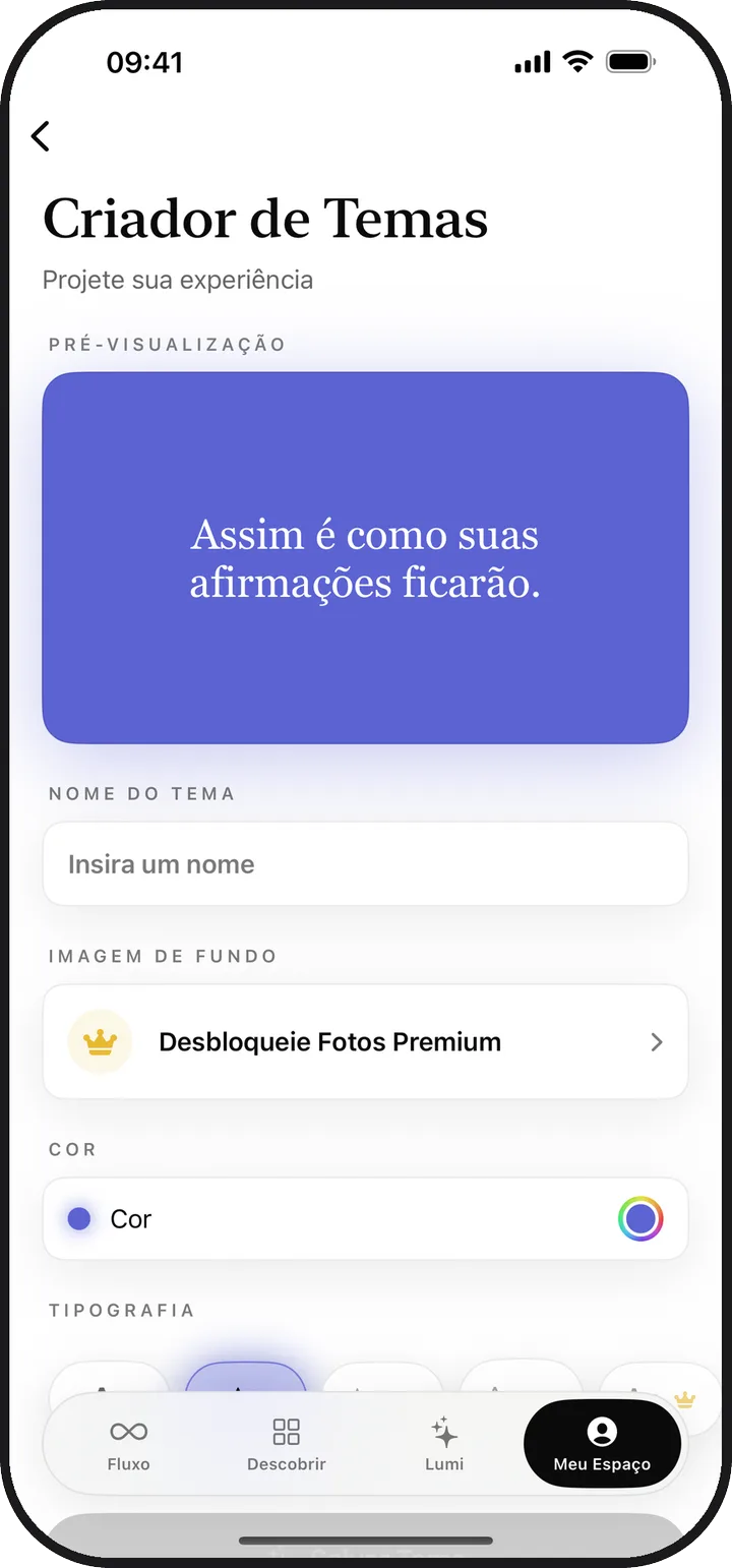 O Criador de Temas do Lumina com a prévia de um tema personalizado