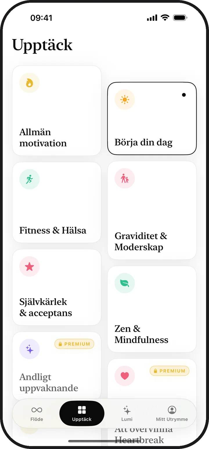 Skärmen Upptäck i Lumina med tretton kategorier av affirmationer