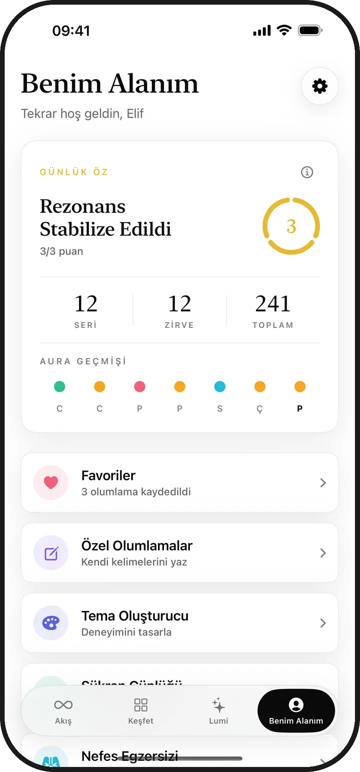 Lumina'daki Benim Alanım ekranında günlük öz, seri ve kaydedilenler