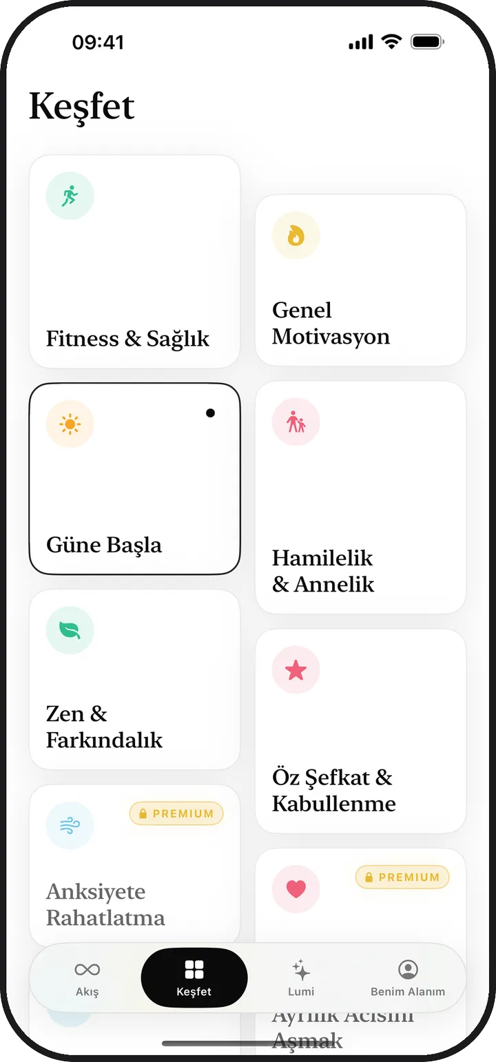 Lumina'daki Keşfet ekranında on üç olumlama kategorisi